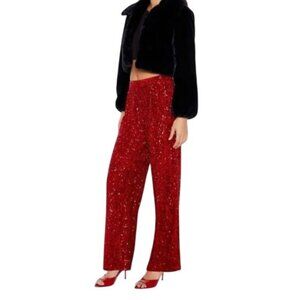 NEW Red Sequin Wide-leg Pleated Pull-on Pants Size M